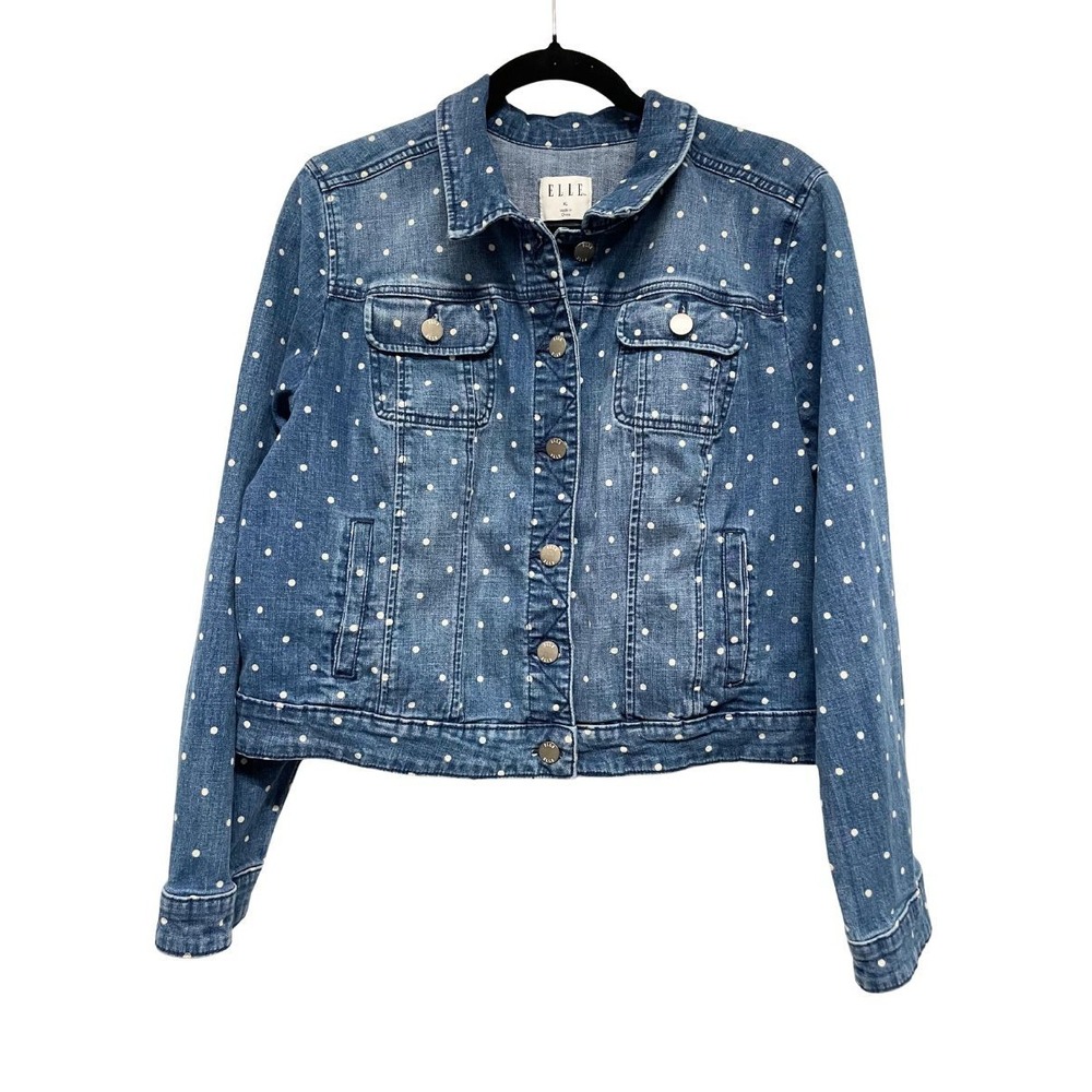 ELLE Polka Dot Cotton Denim Jacket Womens XL Blue White Stretch Jean Trucker - Picture 2 of 11